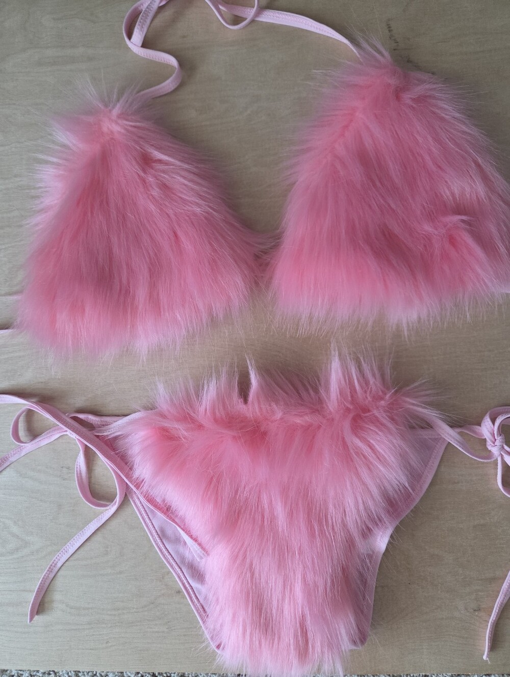 Pink Faux Fur Bikini Set Removable Fur Y2K Festival Rave